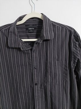 Claiborne Men's Black and Gray Striped Button-Down Shirt